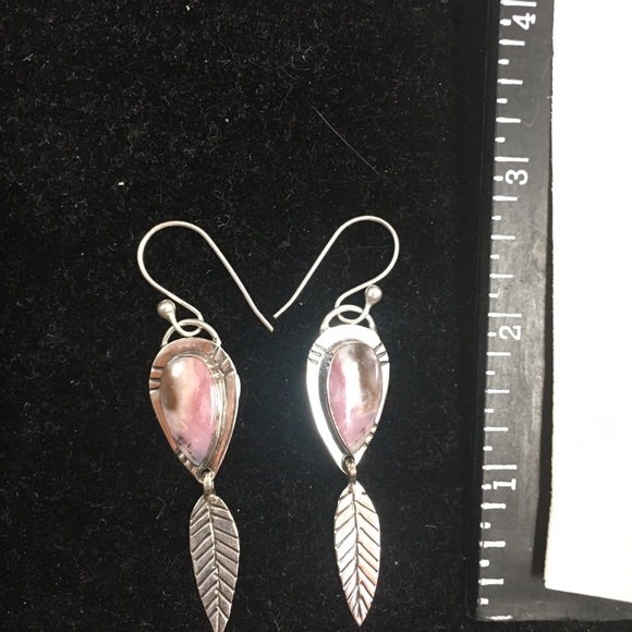 Sterling silver pink opal feather dangle earrings - Picture 3 of 3